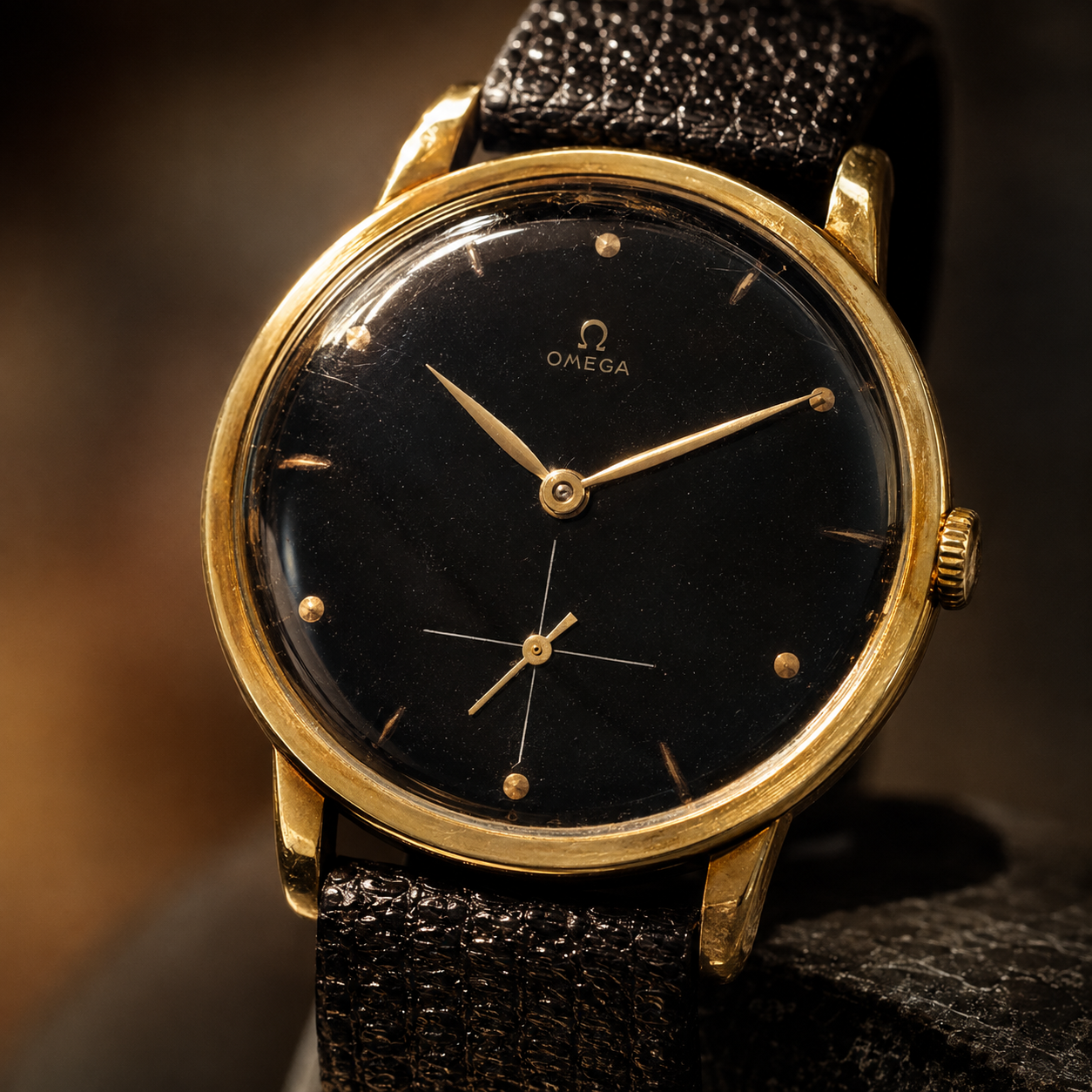 Reloj de pulsera vintage de oro con esfera negra y marcas doradas, con manecillas doradas y correa negra de piel.