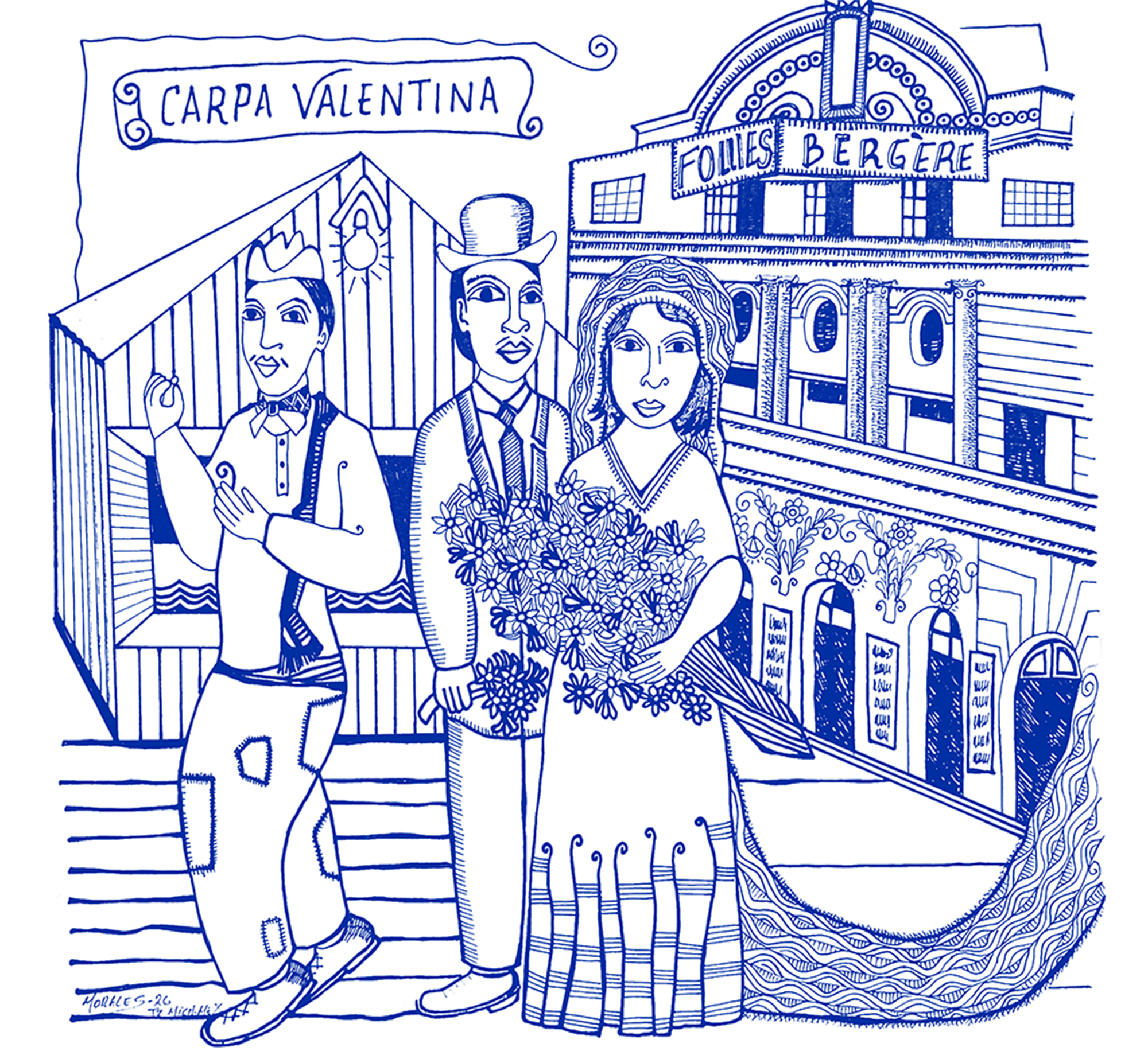 Ilustración de “Cantinflas”, Mario Moreno y Valentina Ivanova frente a la Carpa Valentina y el teatro Follies Bergère, evocando sus inicios en las carpas y el teatro.