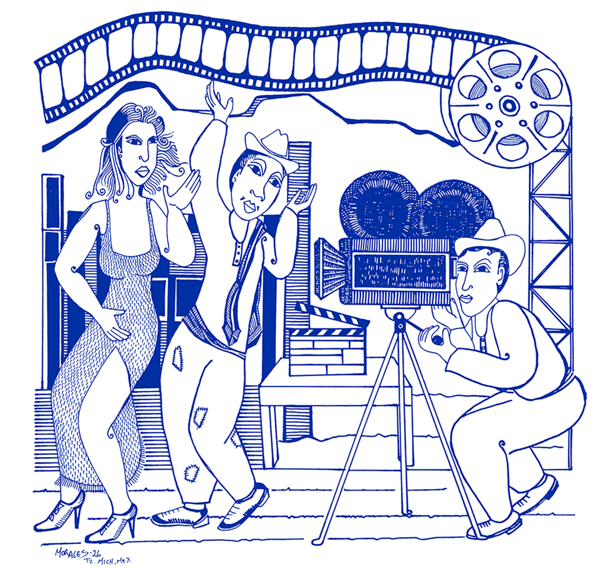 Ilustración de “Cantinflas” actuando frente a una cámara de cine, acompañado por una actriz y un camarógrafo, en una escena dedicada a su trayectoria cinematográfica y de producción.