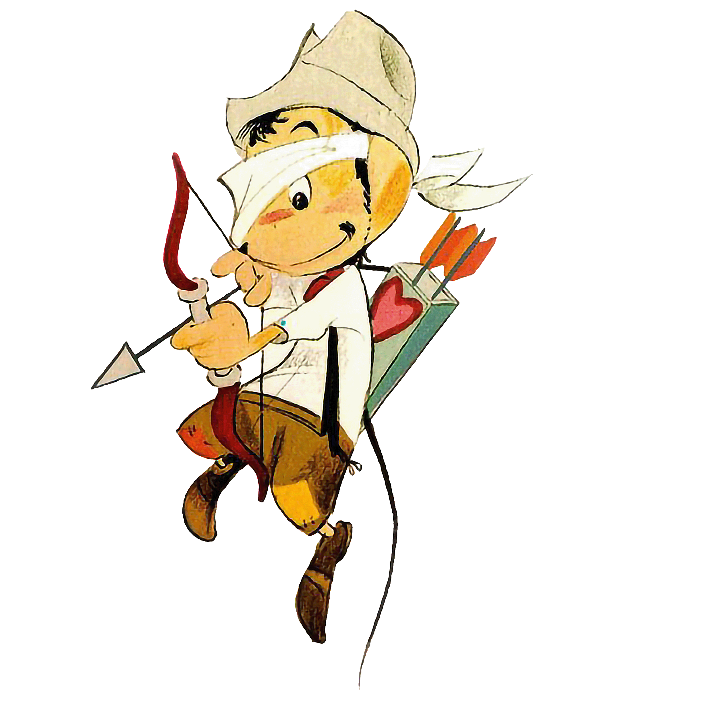 Ilustración de un insecto antropomórfico con cara de niño, usando un sombrero y vestido de arquero, sostiene una flecha y un arco, y parece estar en modo de caza, con un corazón en un arnés o bolsa a su lado.