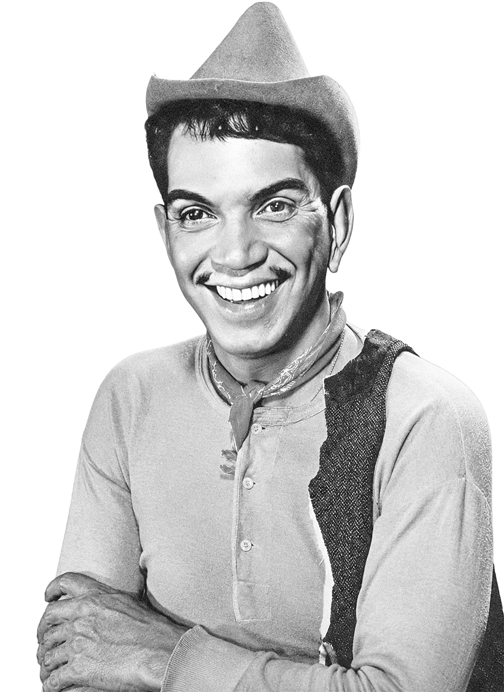 Retrato en blanco y negro del “Peladito”, personaje de Mario Moreno “Cantinflas”, sonriente, con sombrero, camiseta, la icónica gabardina y los brazos cruzados.