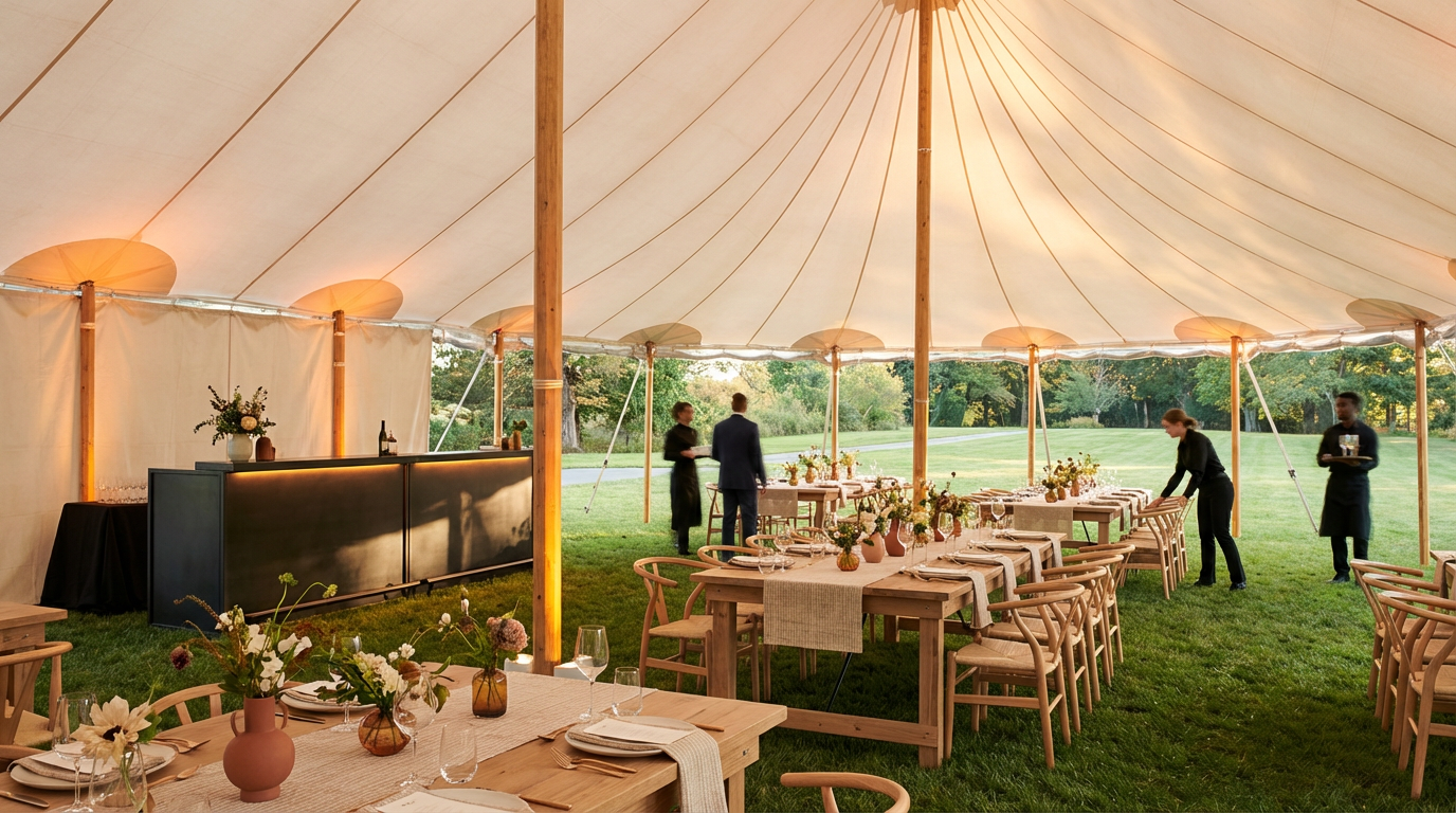 Elegant outdoor event setup inside a large tent with wooden tables and chairs, decorated with flowers, with waitstaff preparing and serving guests against a background of lush greenery.