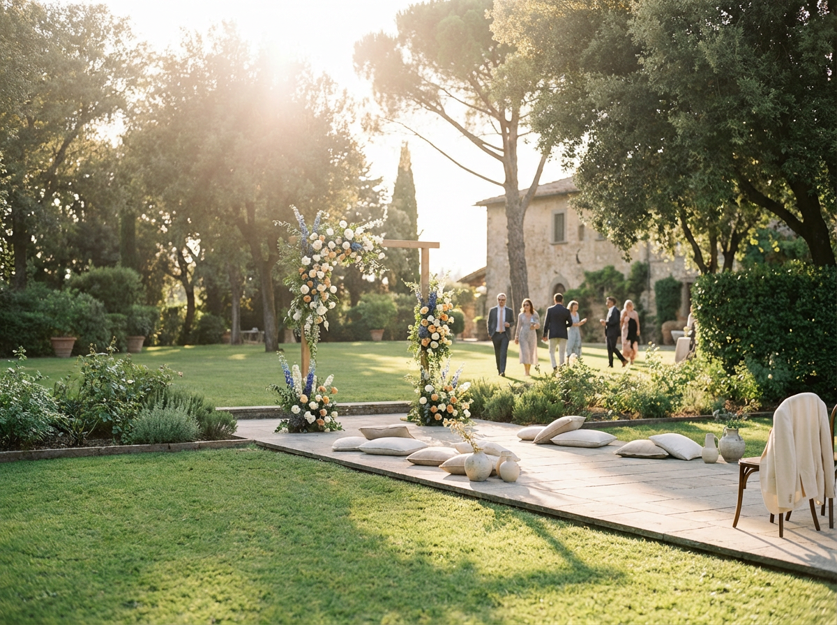 Outdoor wedding setup with a floral arch, cushions on the ground, and people in formal attire walking in a garden during sunset.