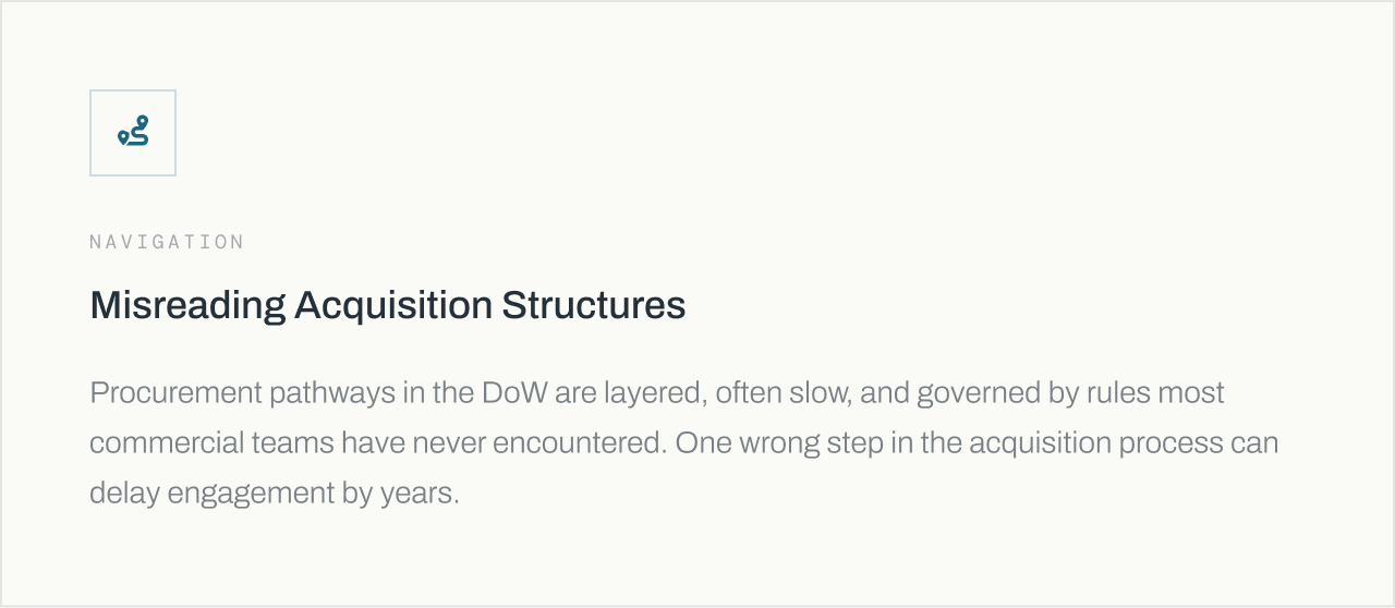 A webpage titled 'Misreading Acquisition Structures' discussing procurement pathways in the Department of War, described as layered, slow, and governed by rules, with potential delays in engagement.