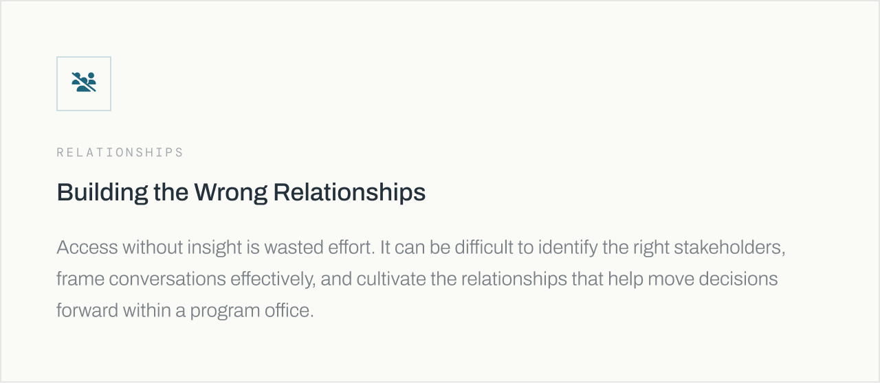 Text titled 'Building the Wrong Relationships' under the section 'Relationships', with a paragraph about avoiding wasted effort through effective relationships and stakeholder identification.
