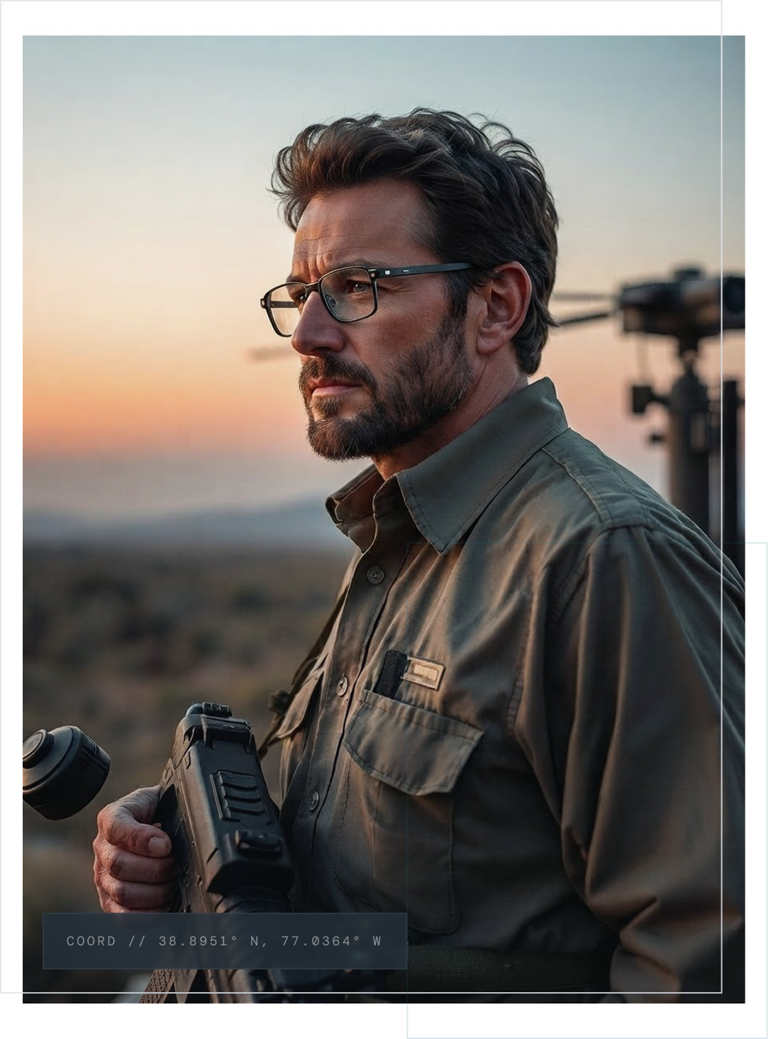 A man with dark hair, glasses, and a beard standing outdoors at sunset, holding a camera, with a mountainside or open terrain in the background.
