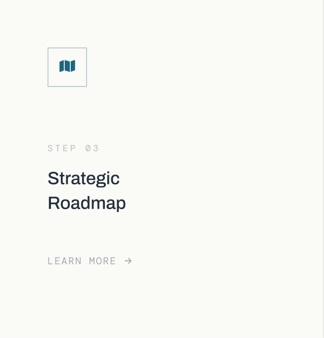 Slide titled 'Step 03: Strategic Roadmap' with a 'Learn More' link, part of a presentation or digital document.
