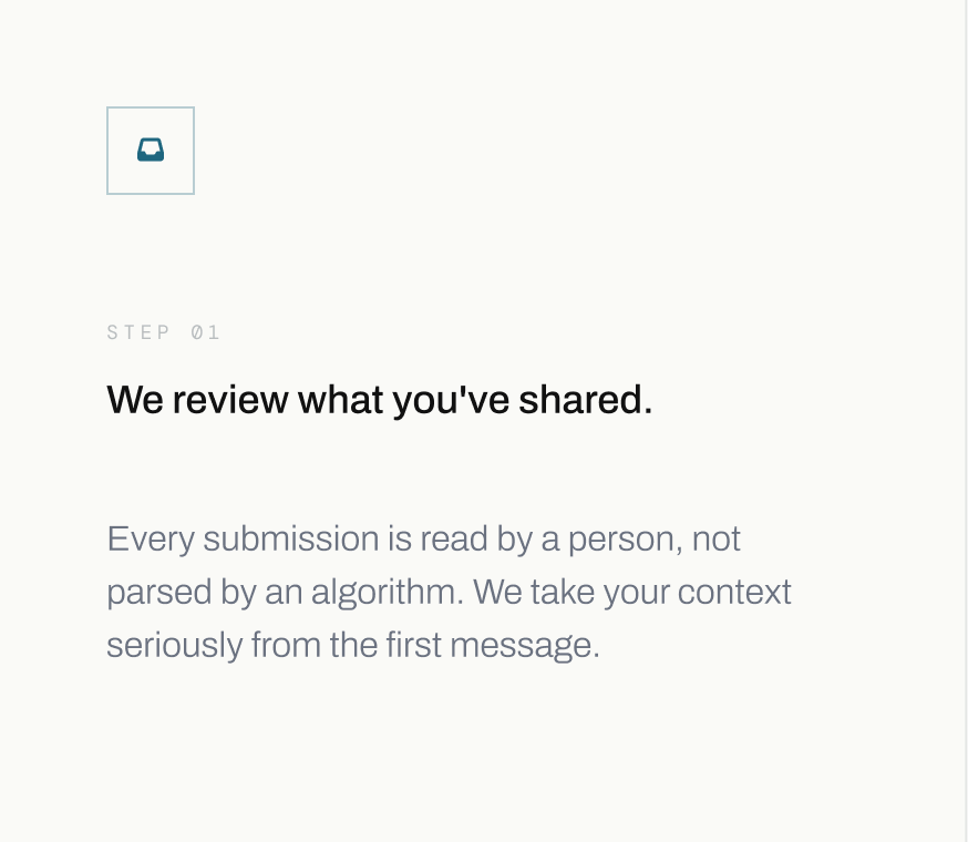 A screenshot of a step-by-step review process with a small icon of a paperclip in the top left corner, and text indicating 'STEP 01' and 'We review what you've shared.' The background is light-colored, and the text explains that each submission is read by a person for context.