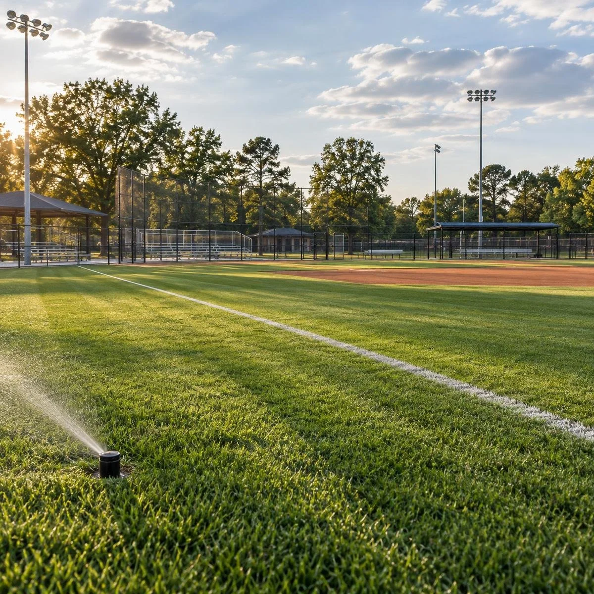 An irrigation sprinkler running on an athletic field at sunrise