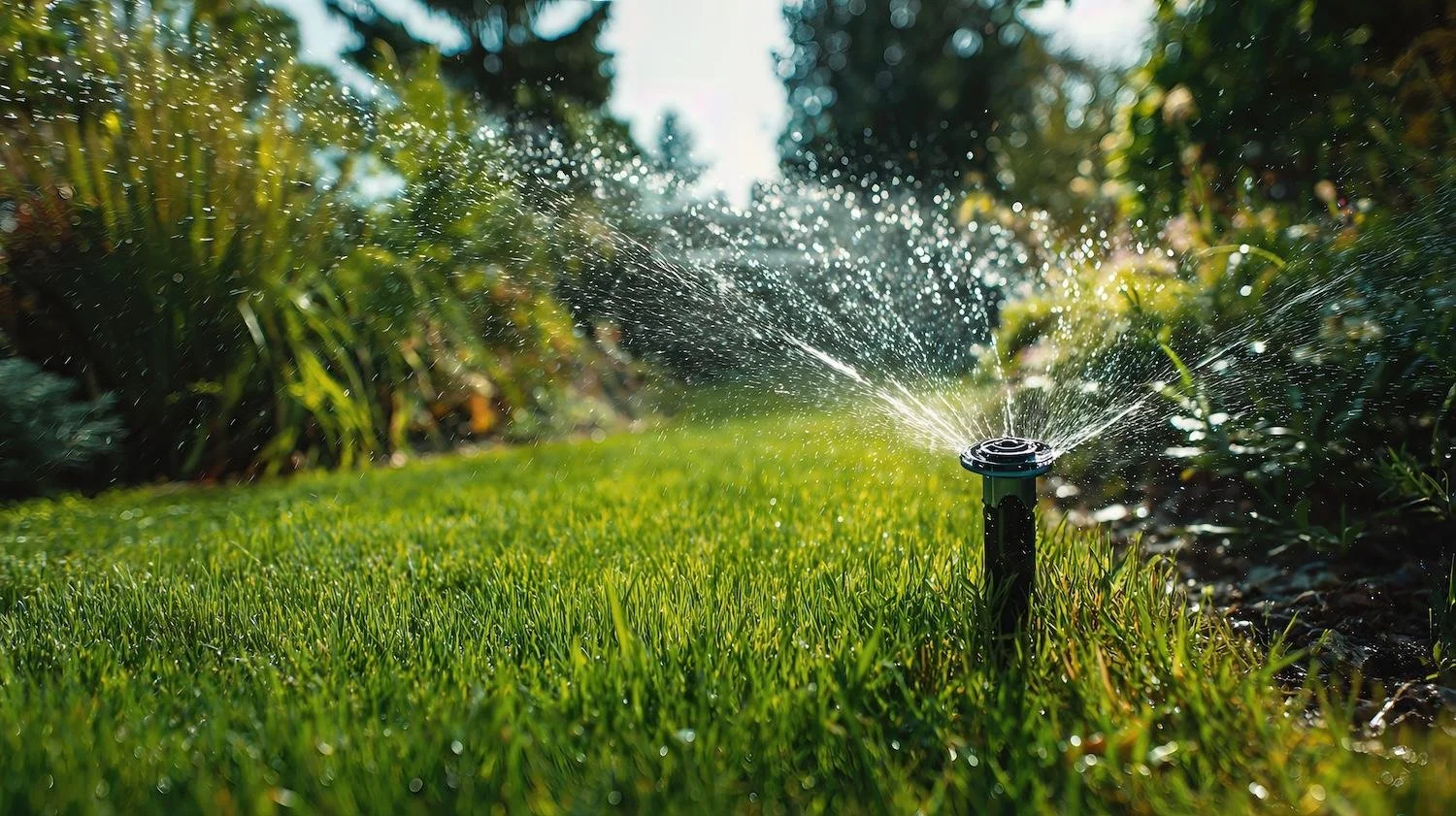 A garden sprinkler spraying water over green grass during daytime, with sunlight and blurred plants in the background.
