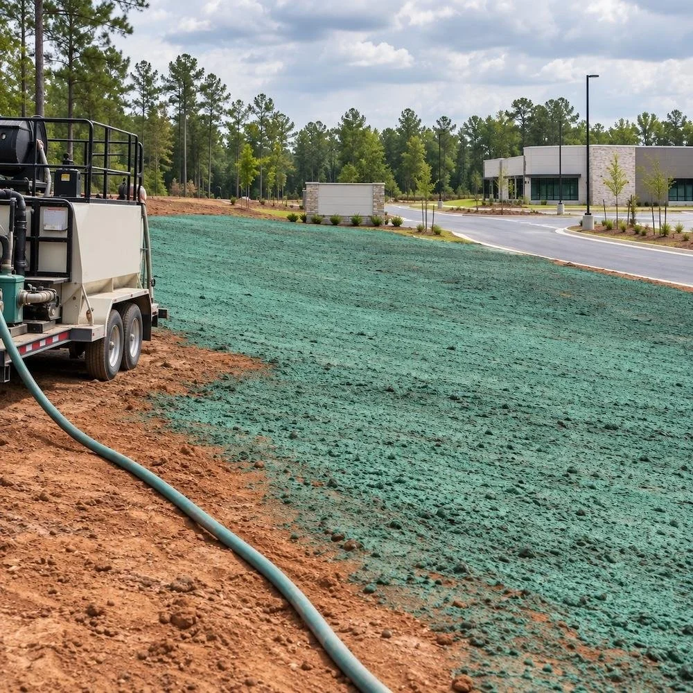A hydroseeding truck spraying slurry across a graded commercial slope
