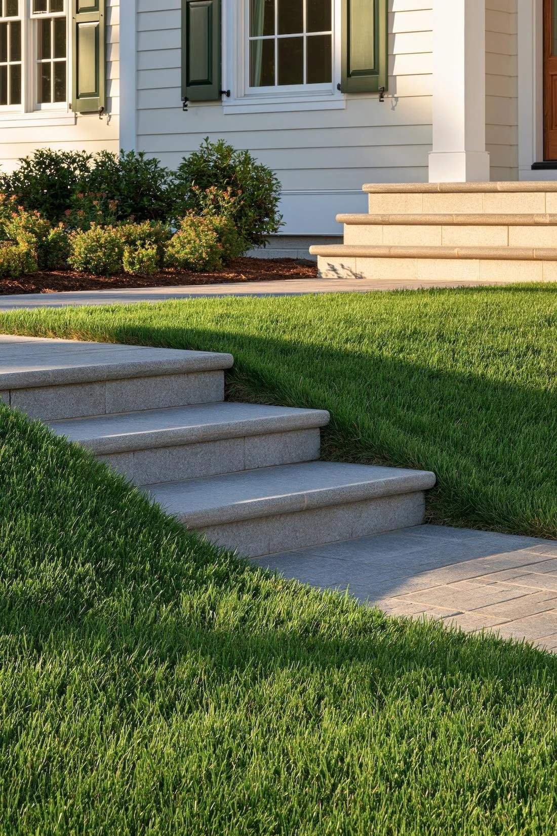 Manicured residential lawn and landscaped planting beds surrounding front walkway steps.