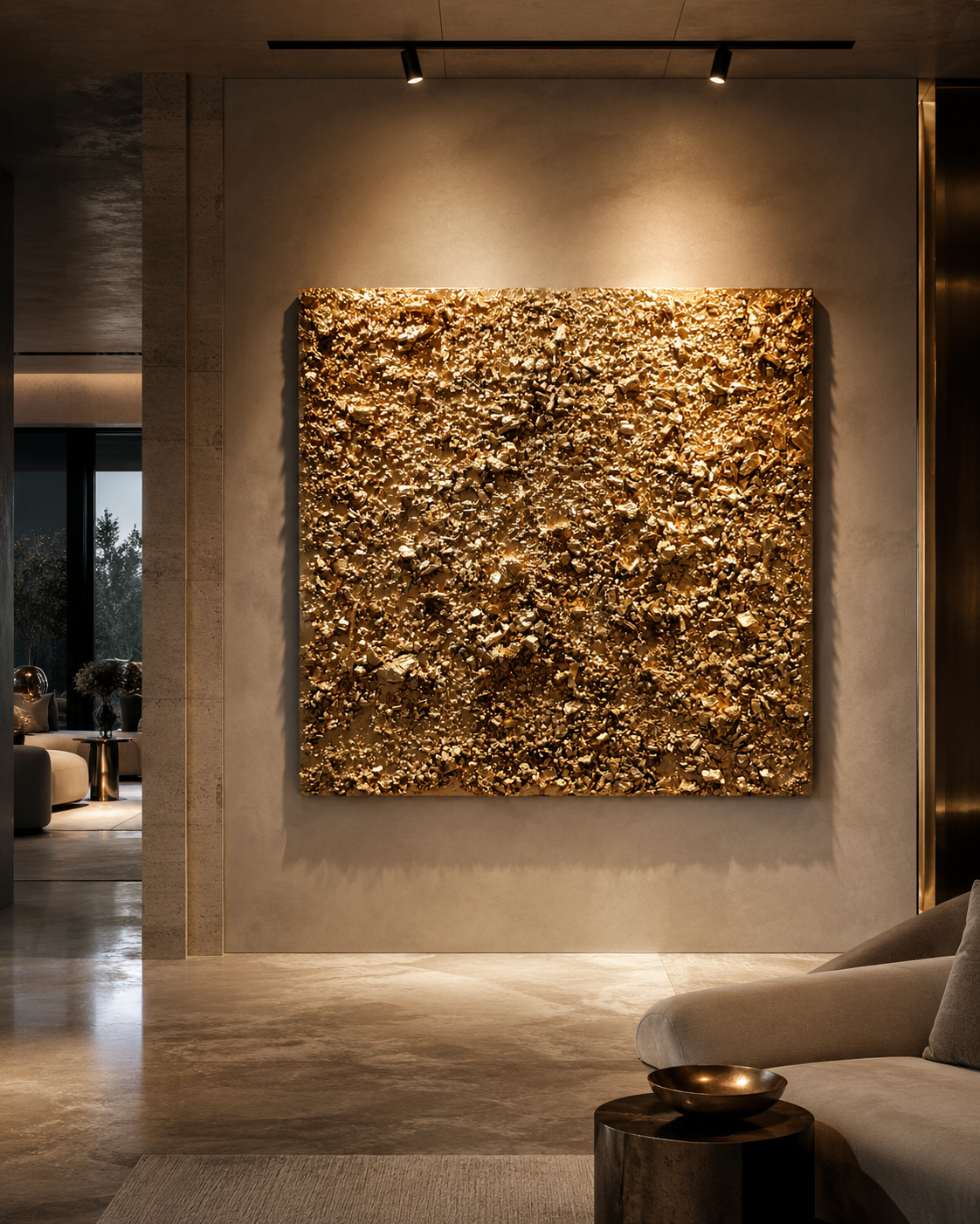 Interior of a modern living room with a large, textured gold artwork on a beige wall, lit by ceiling spotlights, with a beige sofa and small side table in the foreground.