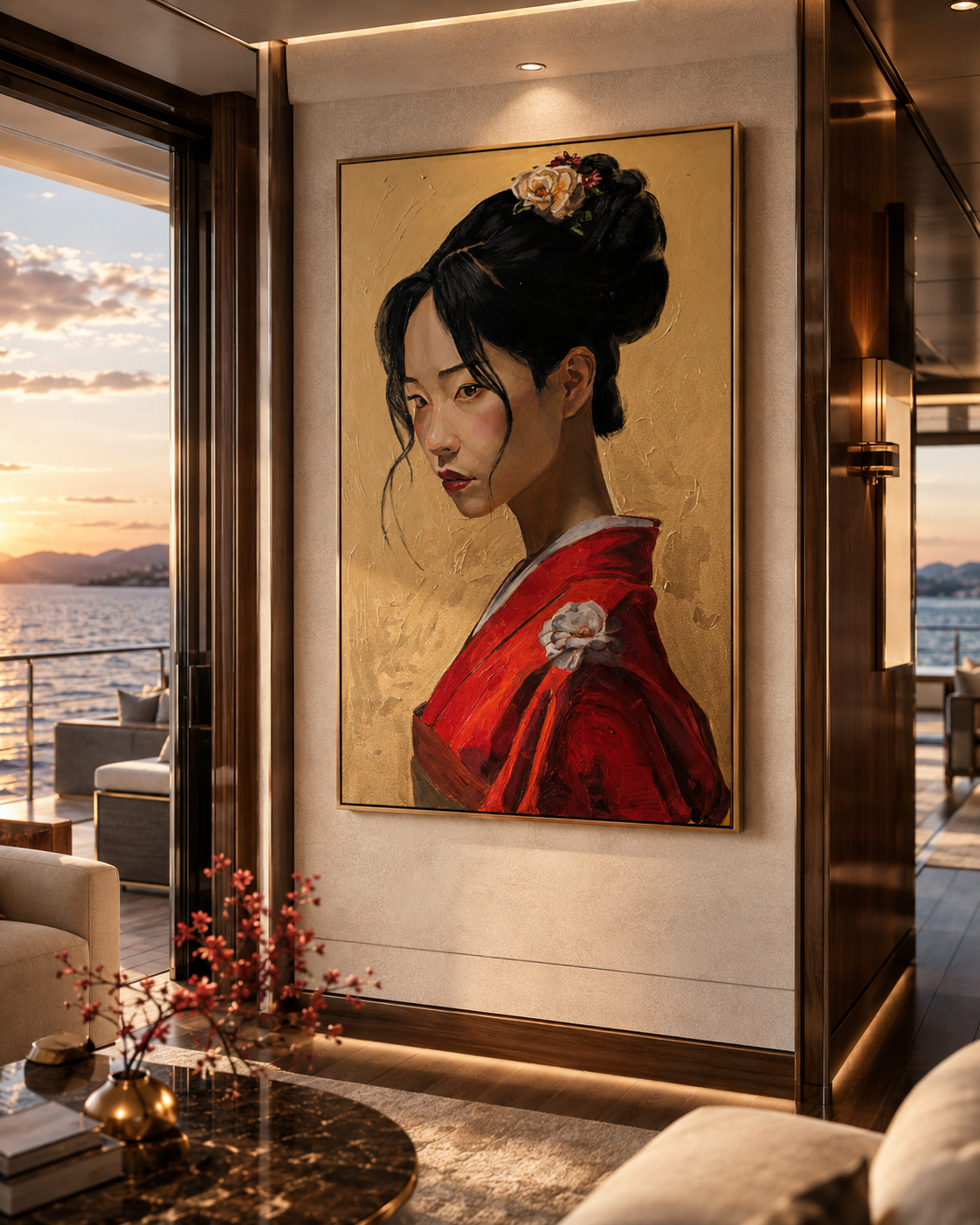 Painting of a woman in traditional Japanese attire hanging inside a modern living room with ocean view.