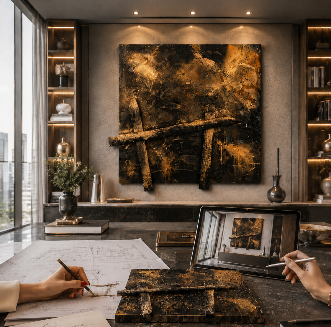 Interior of a modern room with a large abstract gold and black textured artwork on the wall, a marble table with architectural plans, a person sketching, and a tablet displaying the room.
