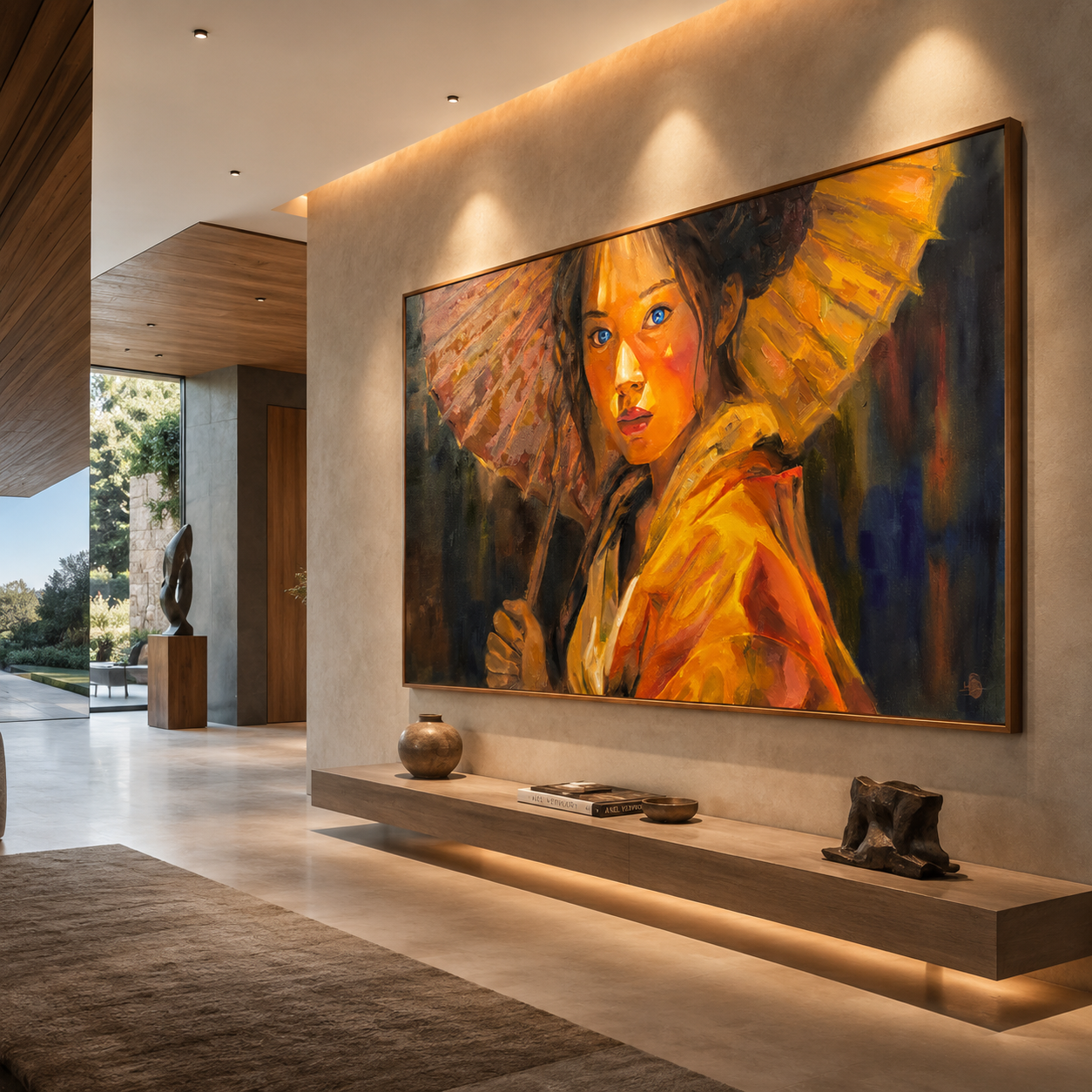 Modern interior with large colorful painting of a woman holding a yellow parasol on a wall, decorated with sculptures and books on a floating shelf, natural light from large windows.