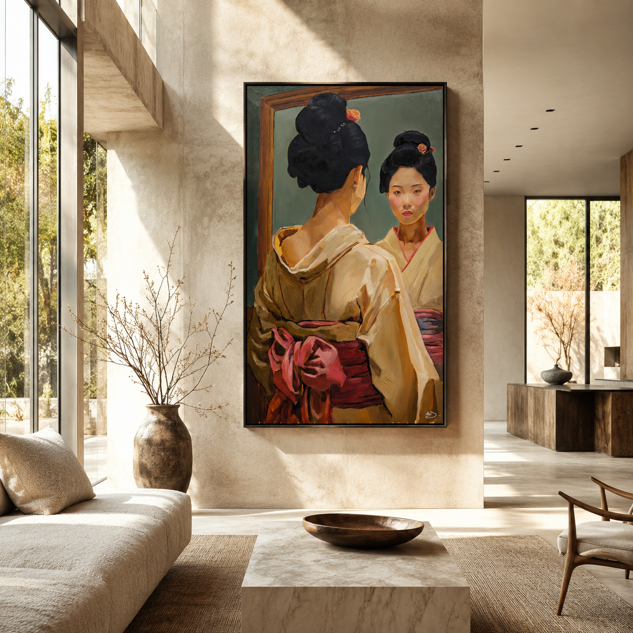 Interior of a modern living room with large windows, a sofa, and a large painting of a woman in traditional Japanese clothing looking at herself in a mirror.