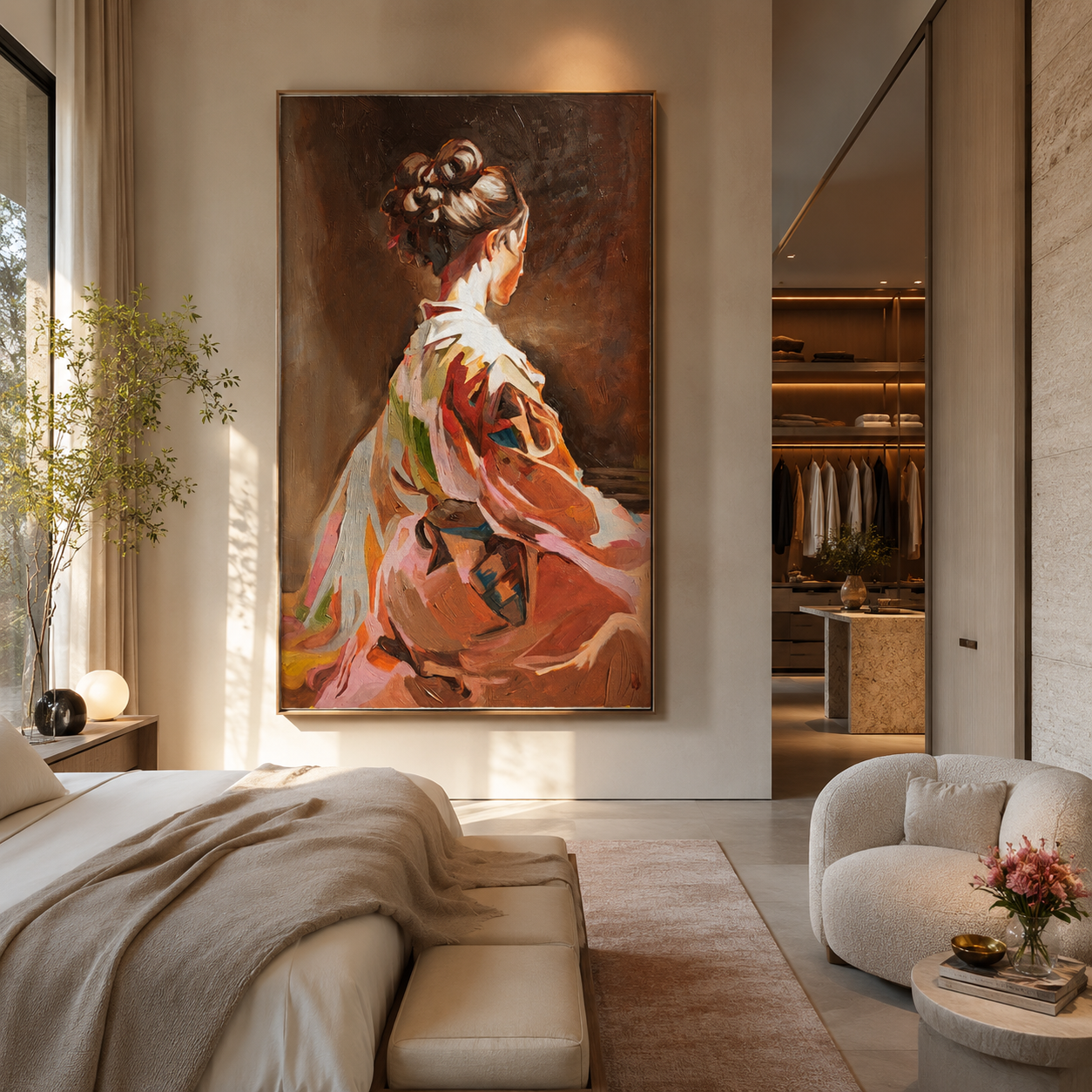 A bedroom with a large abstract portrait of a woman on the wall. The room has a bed with beige linens, a side table with decorative lamps, a small round table with pink flowers, and a cozy armchair. Sunlight filters through curtains on a nearby window.