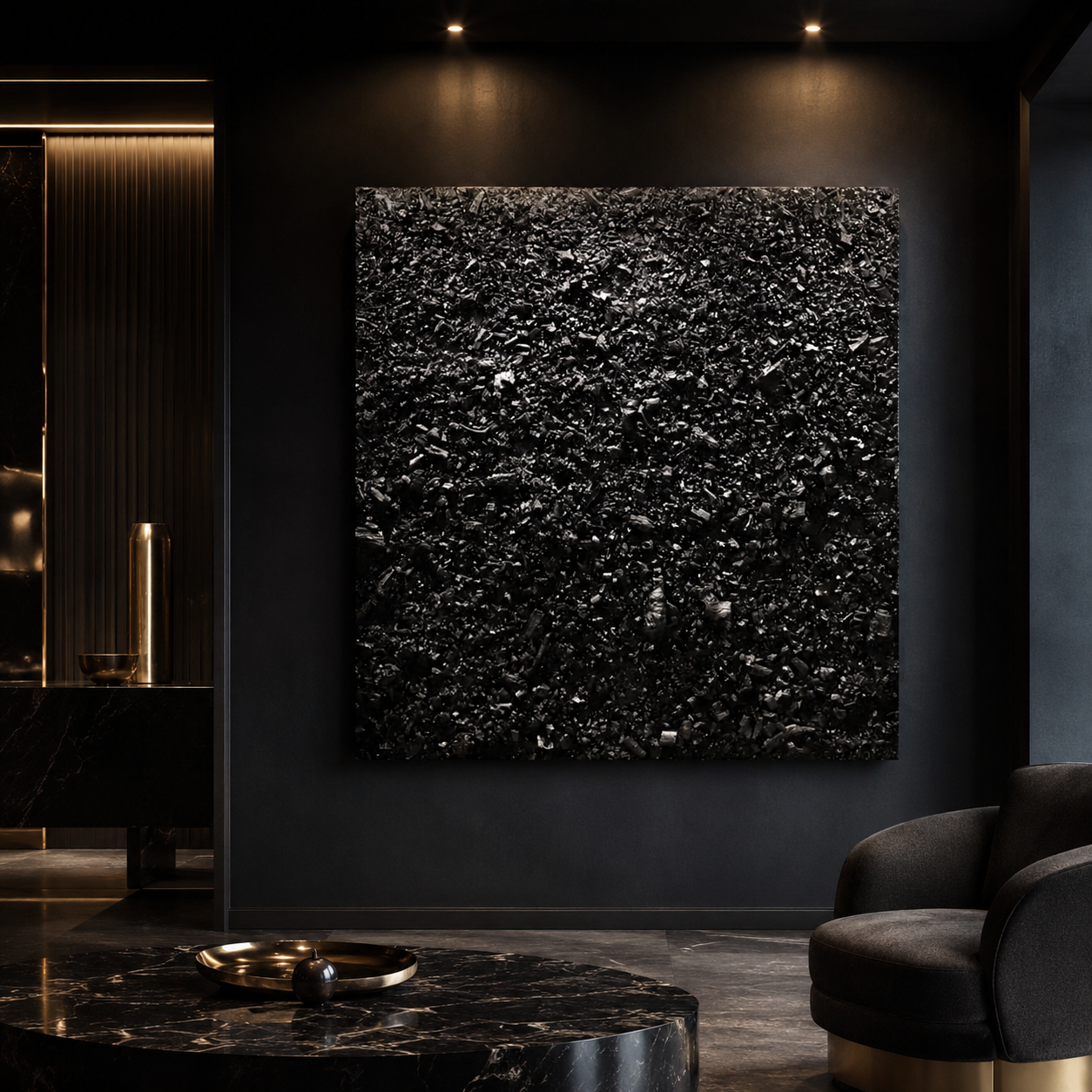 Modern interior with black textured wall art, black marble coffee table with decorative items, dark plush armchair, and minimalist gold accents.