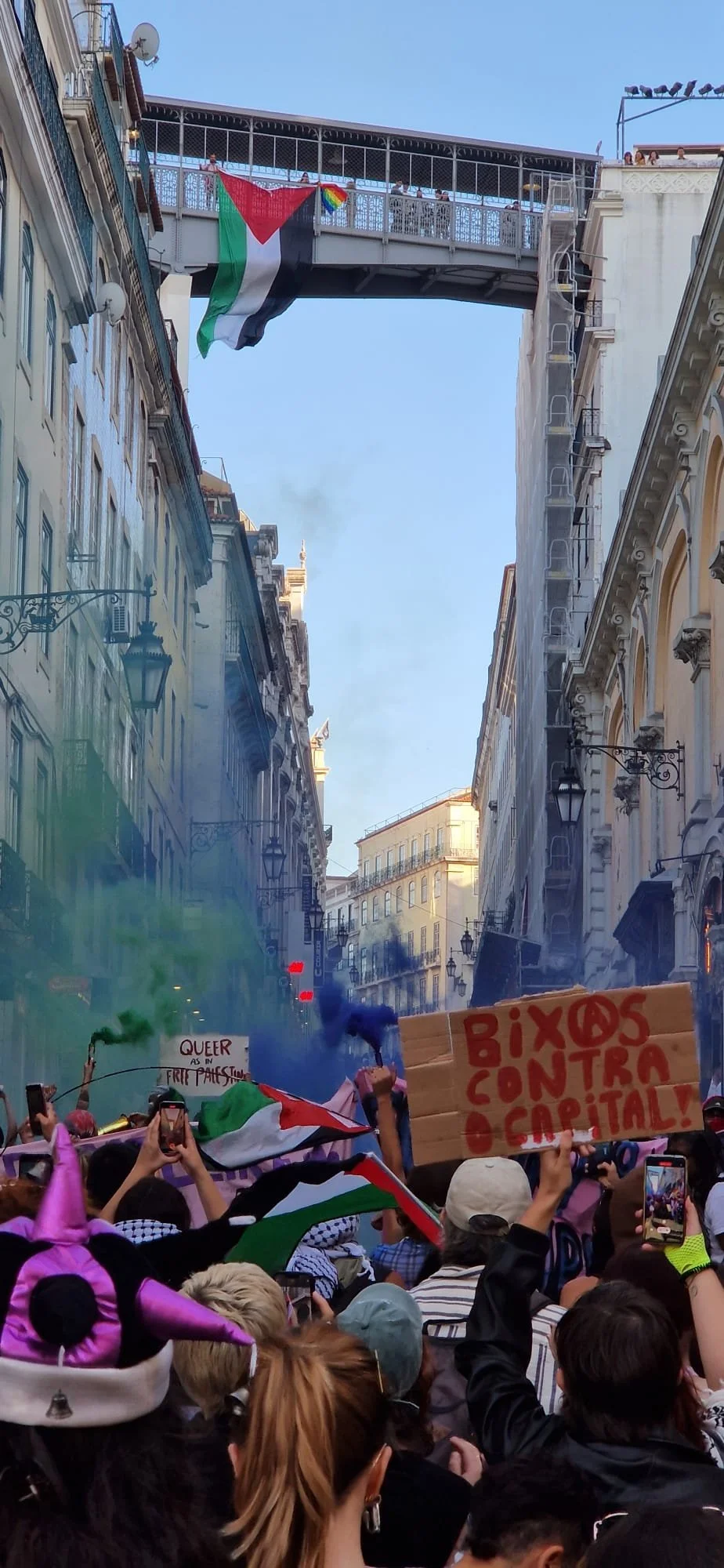 A crowd of protesters in the street, holding flags and signs, with a Palestinian flag hanging from a bridge above. People are taking photos and raising their fists; some smoke is visible in the background, and the atmosphere appears lively and energetic.