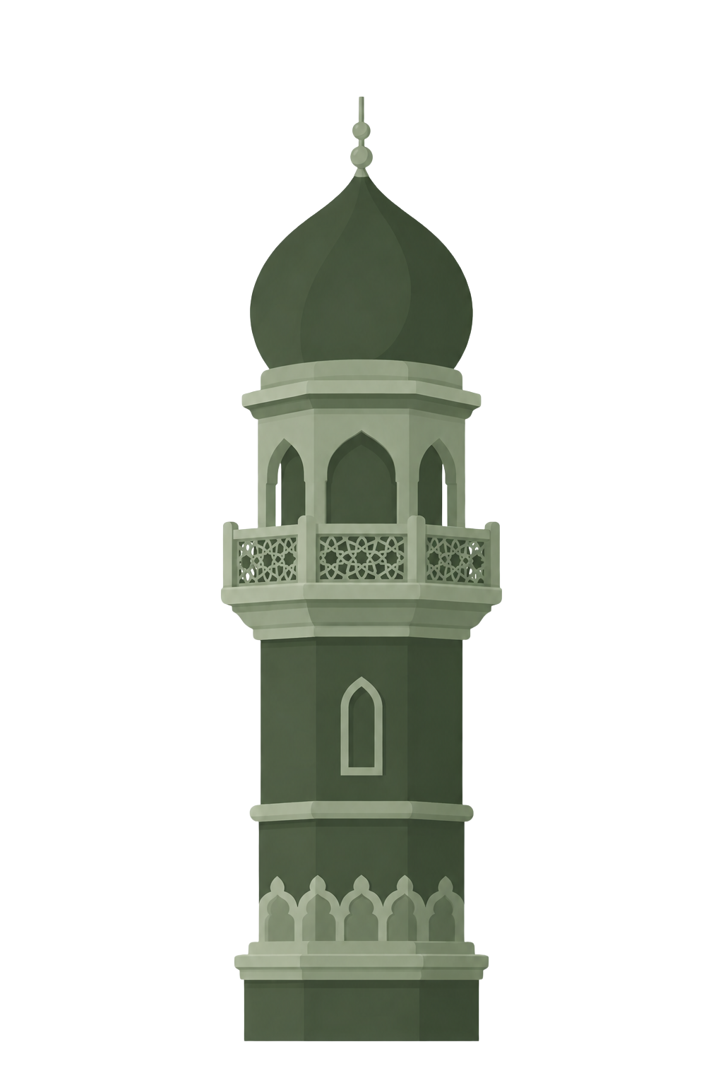 Illustration of a minaret with a domed top and intricate balcony railing design.