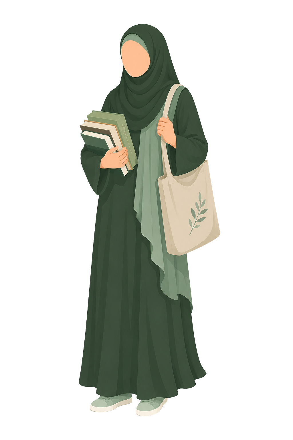A woman wearing a dark green hijab and long dress, holding books and a tote bag with a leaf design.
