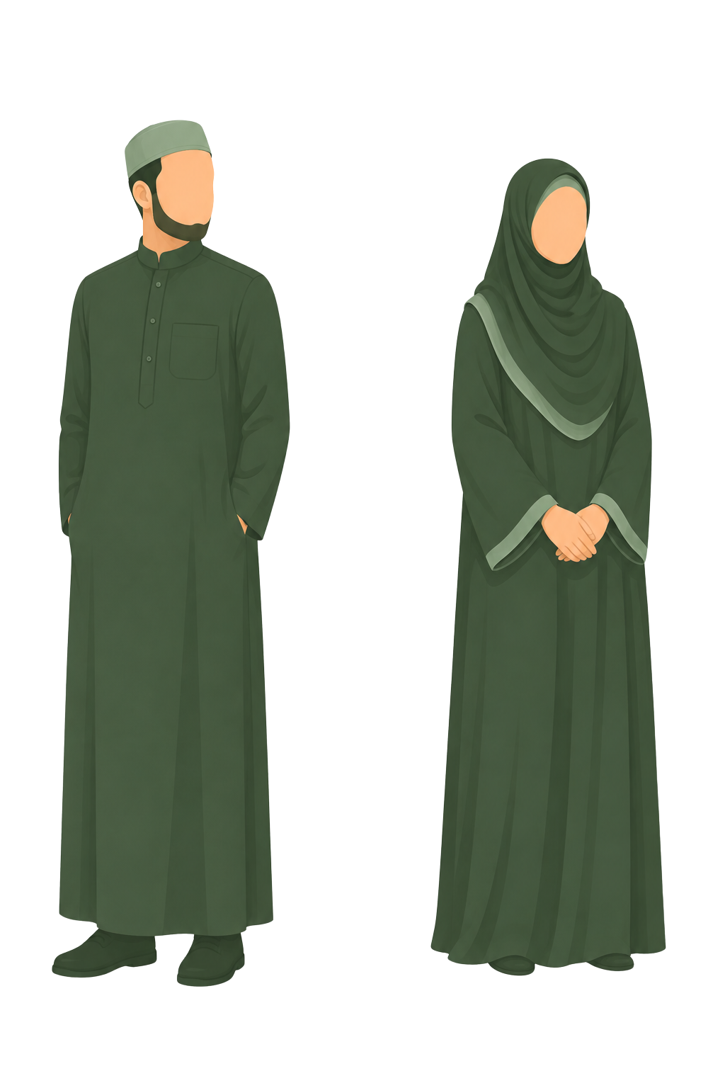Illustration of a man and woman dressed in traditional Islamic clothing, the man in a long green outfit with a cap and the woman in a green hijab and abaya, standing with their faces faceless.