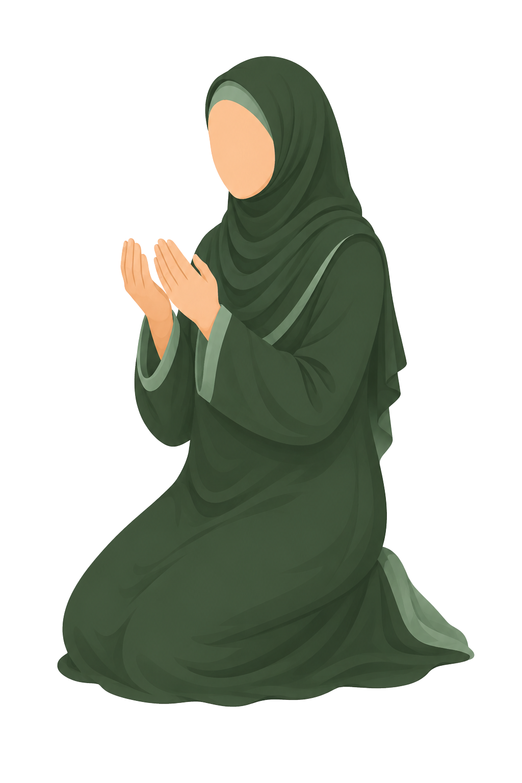 A woman in a green hijab and dress kneeling in prayer with her hands raised and eyes closed.