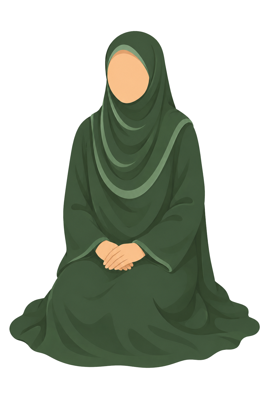 Illustration of a person wearing a dark green hijab and modest clothing, sitting with hands folded in lap.
