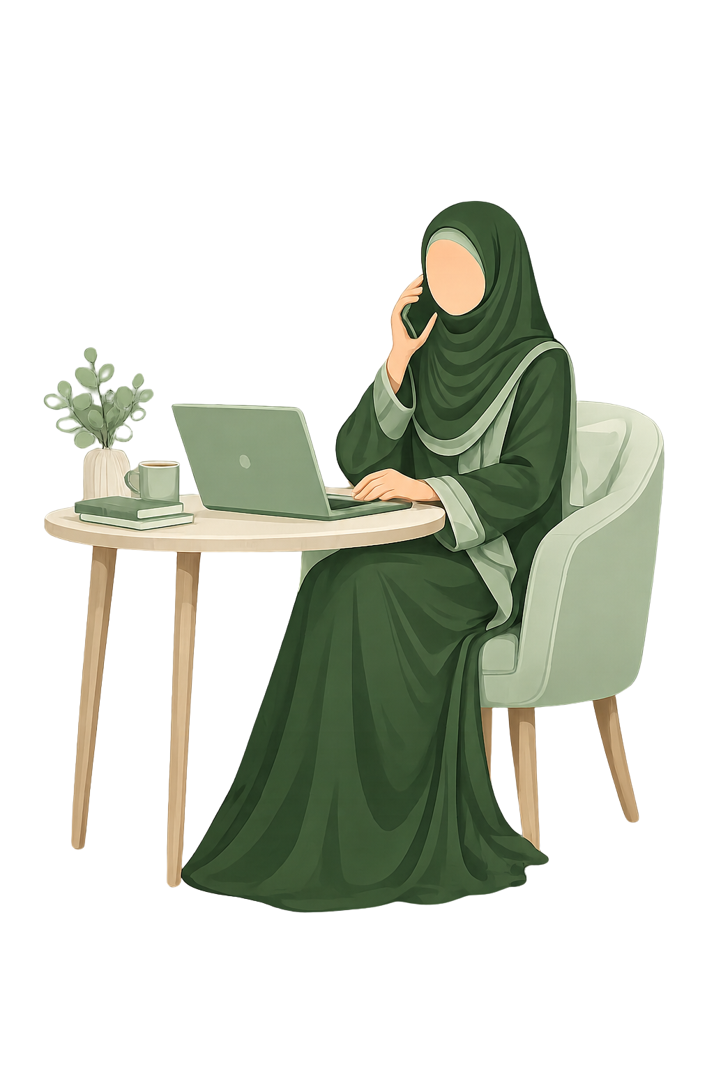 A woman wearing a dark green hijab and matching dress, sitting at a small round table with a laptop, a cup, a stack of books, and a potted plant.