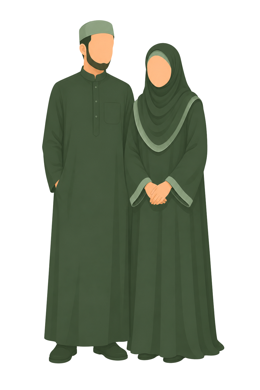 A man and a woman standing together, both dressed in traditional Muslim attire. The man wears a long dark green thobe and a kufi, while the woman wears a dark green abaya and a hijab, with their faces not visible.