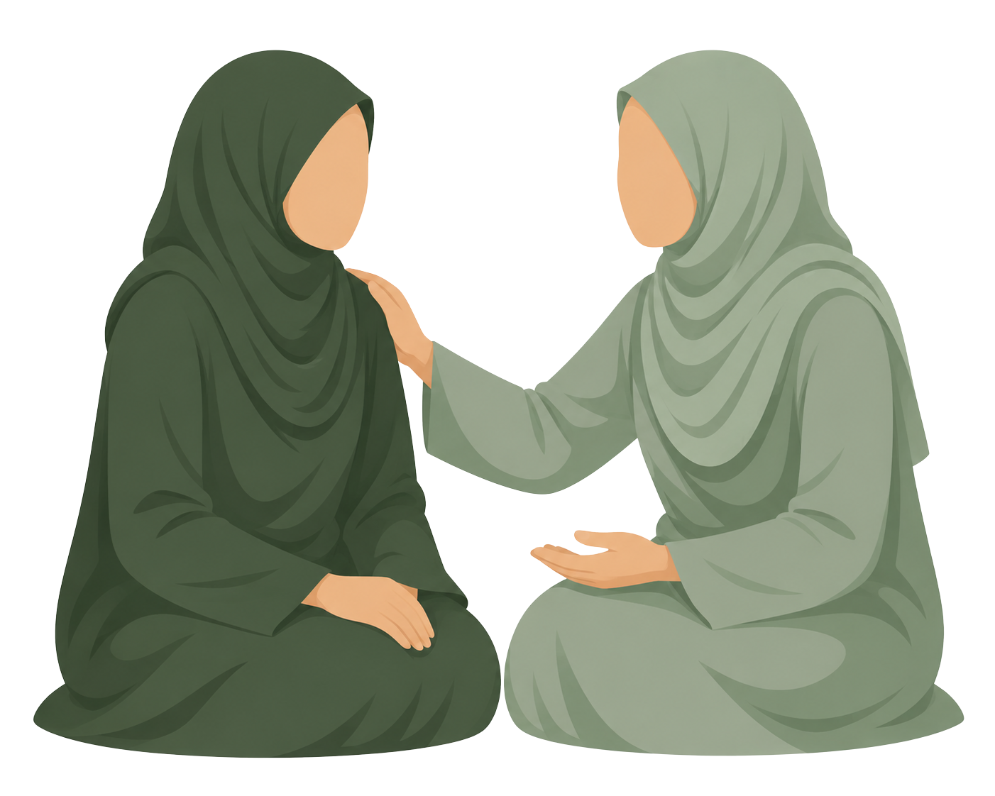 Two women dressed in abayas sitting on the ground, one comforting the other with a hand on her shoulder.