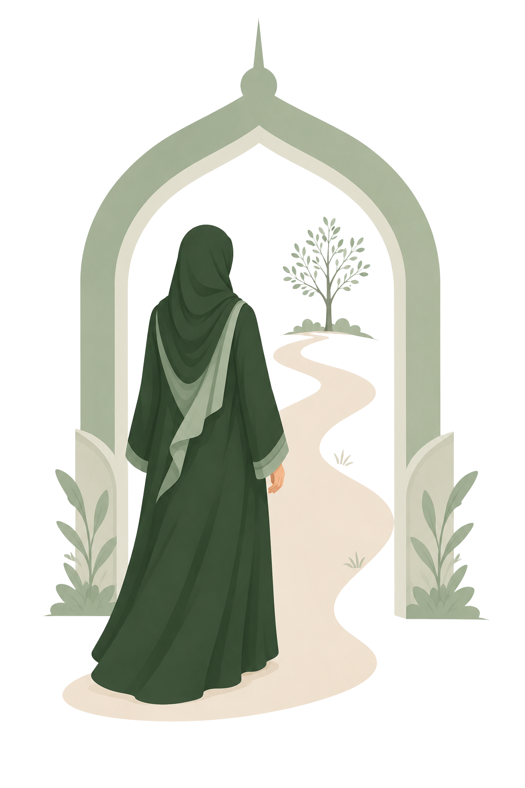 A woman dressed in dark green Islamic attire, standing under an ornate archway, looking out onto a winding path with grass and a small tree in the garden.