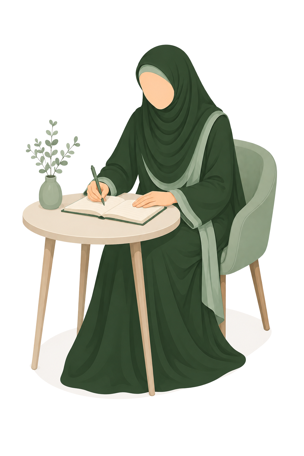 Illustration of a woman in a green hijab and dress sitting at a round table, writing in an open notebook, with a small vase of greenery on the table.
