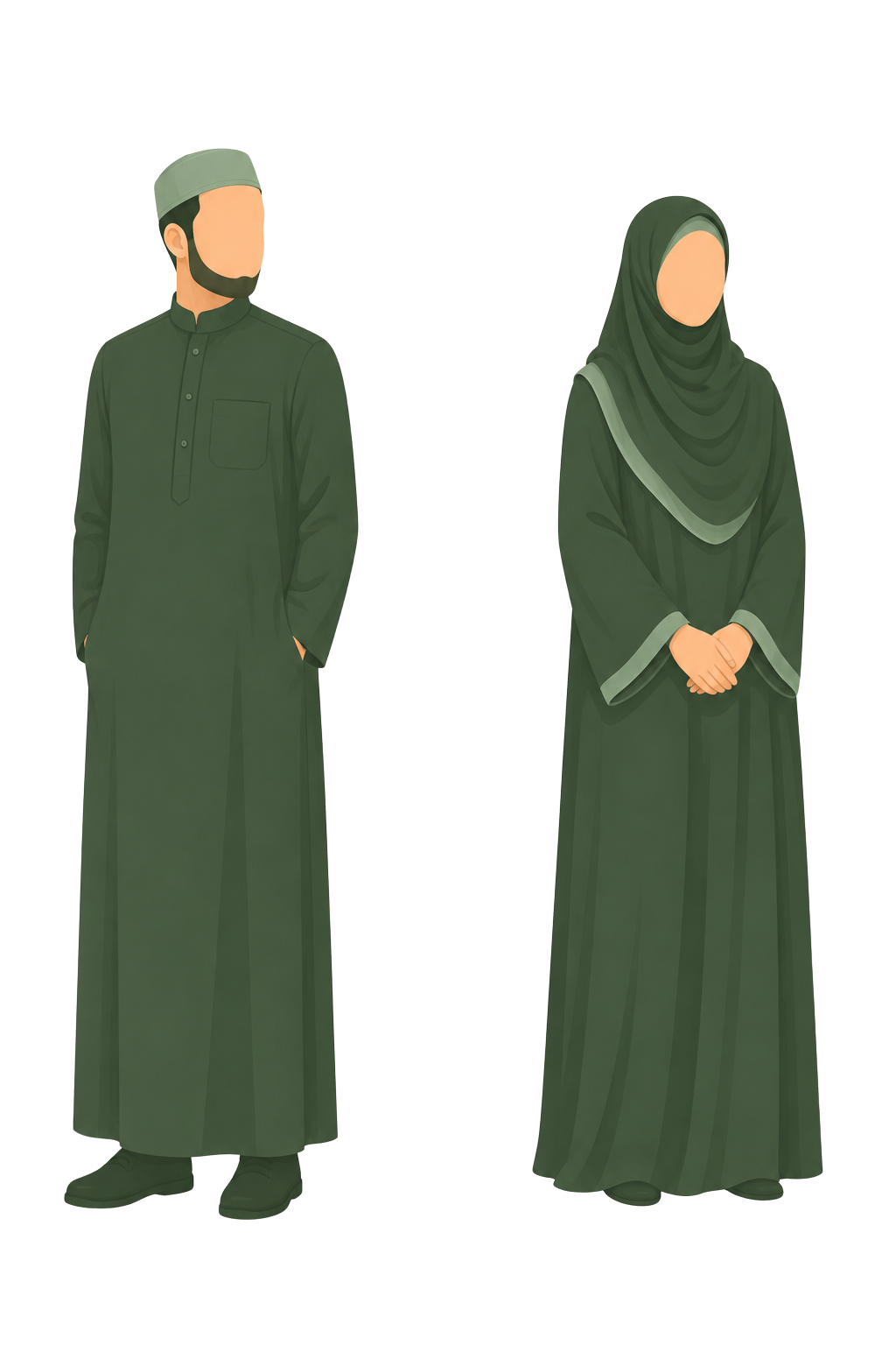 Illustration of a man and woman wearing traditional Middle Eastern attire, with the man in a long green thobe and cap, and the woman in a dark green abaya and hijab, standing with their hands folded or in their pockets.