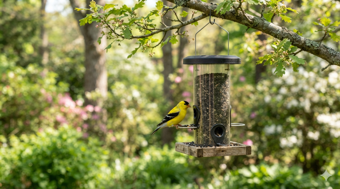 A bird on a bird feeder on the patio of a nursing home.