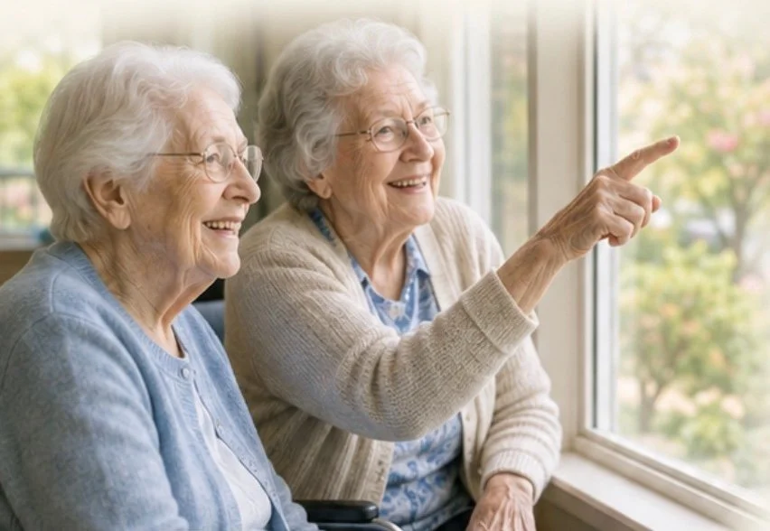 Two elderly women smiling and looking out a window watching birds