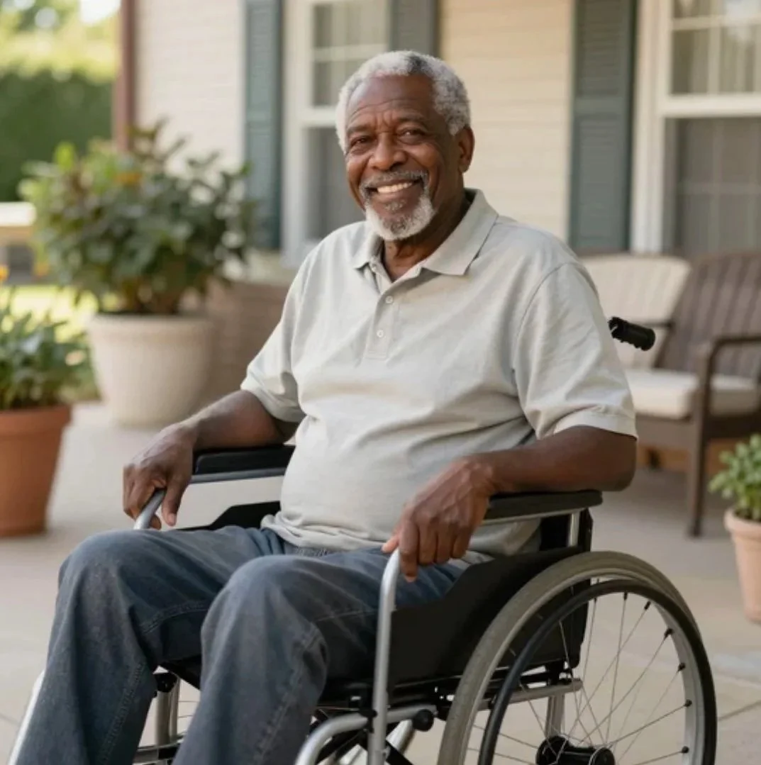 An elderly African American man smiling while sitting in a wheelchair outdoors on a patio with potted plants and a house in the background.