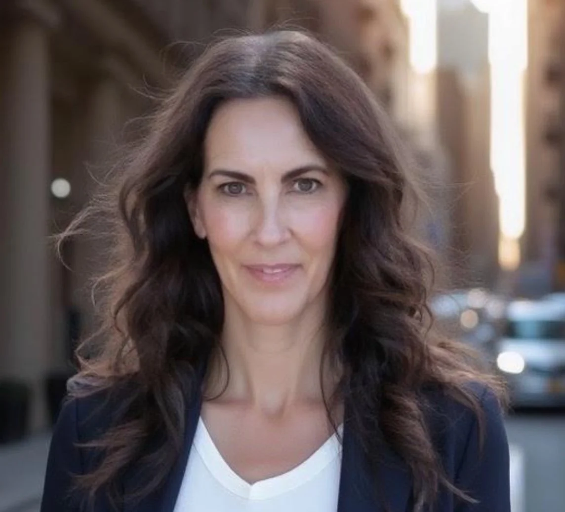 A woman with long, dark, wavy hair smiling outdoors in an urban setting.