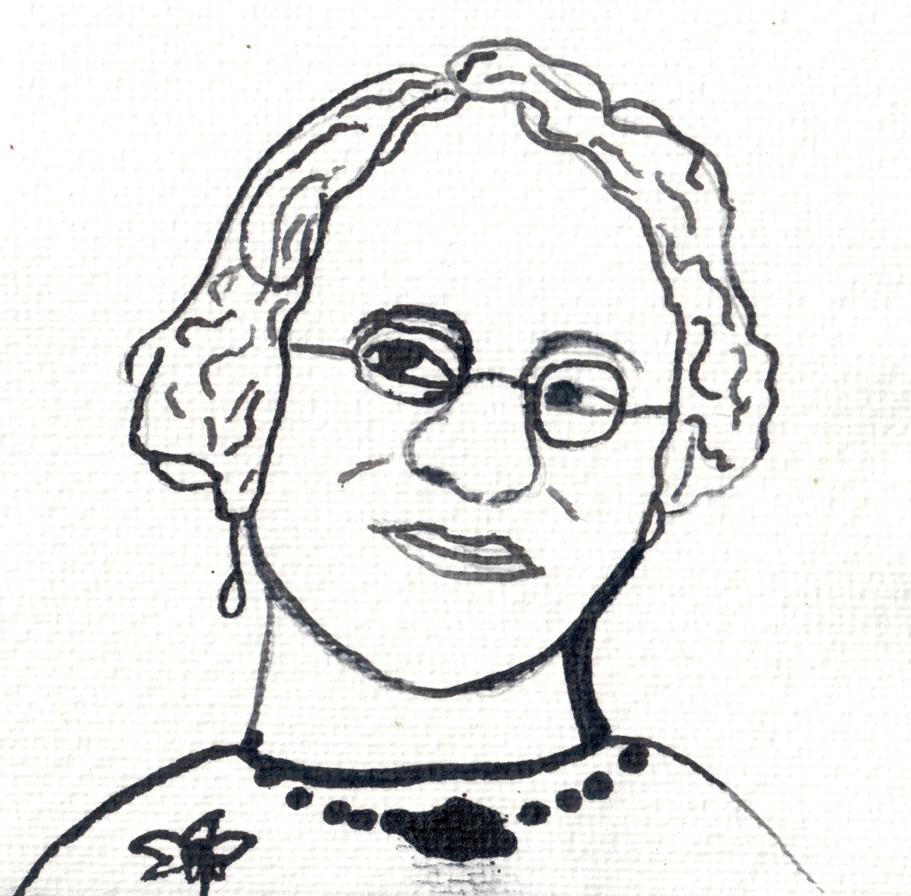 Hand-drawn black and white sketch of a woman with curly hair, glasses, a necklace, and an earring, smiling.