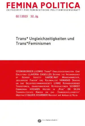 Cover page of Femina Politica magazine, issue 02/2023, titled "Trans* Ungleichzeitigkeiten und Trans* Feminismen," featuring red and white text and a black and white logo.
