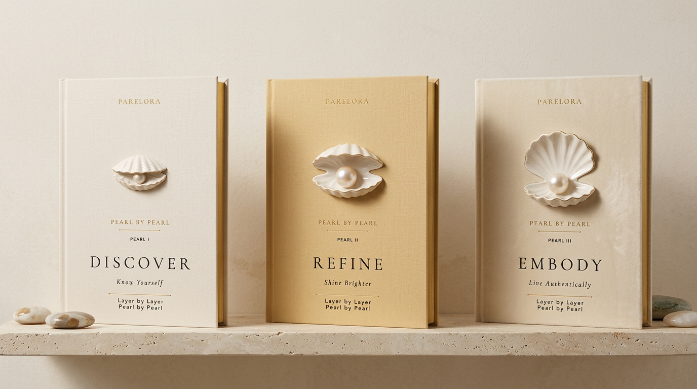 Three Parelora journals — Discover, Refine and Embody — representing the three stages of the Pearl Journey.