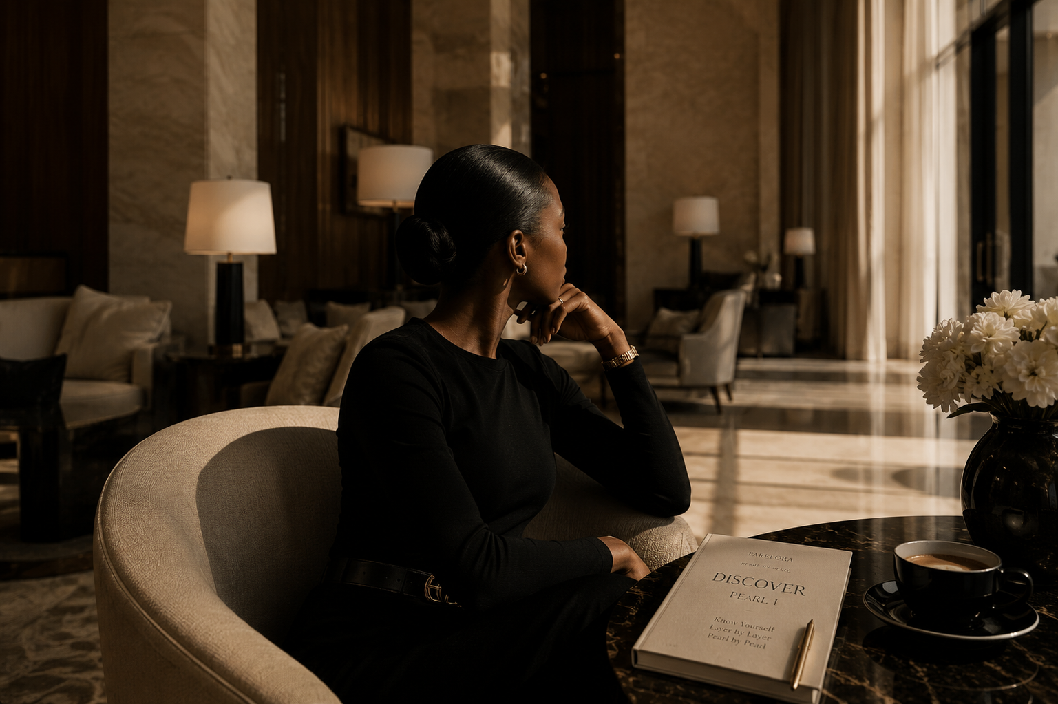 Woman seated in quiet reflection beside a journal, representing Parelora's philosophy of self-discovery and ending self-abandonment.