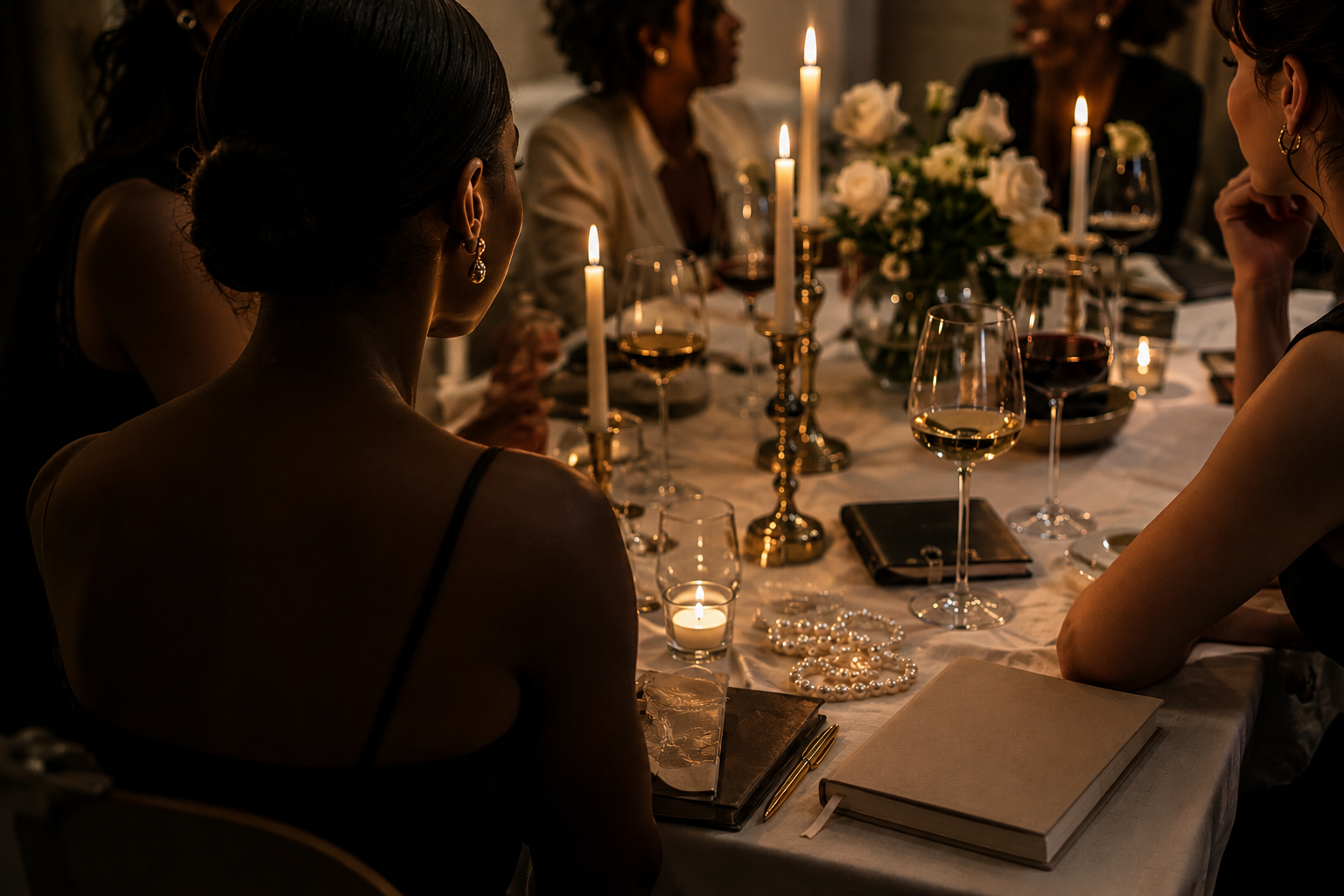 Elegant dinner party with women seated around a table, lit by candlelight, with floral centerpiece, wine glasses, notebooks, and jewelry on the table.