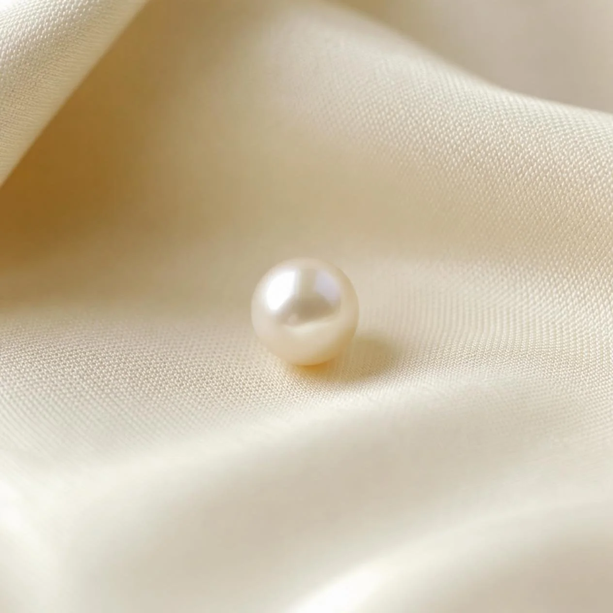 A single pearl resting on soft cream fabric, representing Parelora's pearl-by-pearl philosophy.