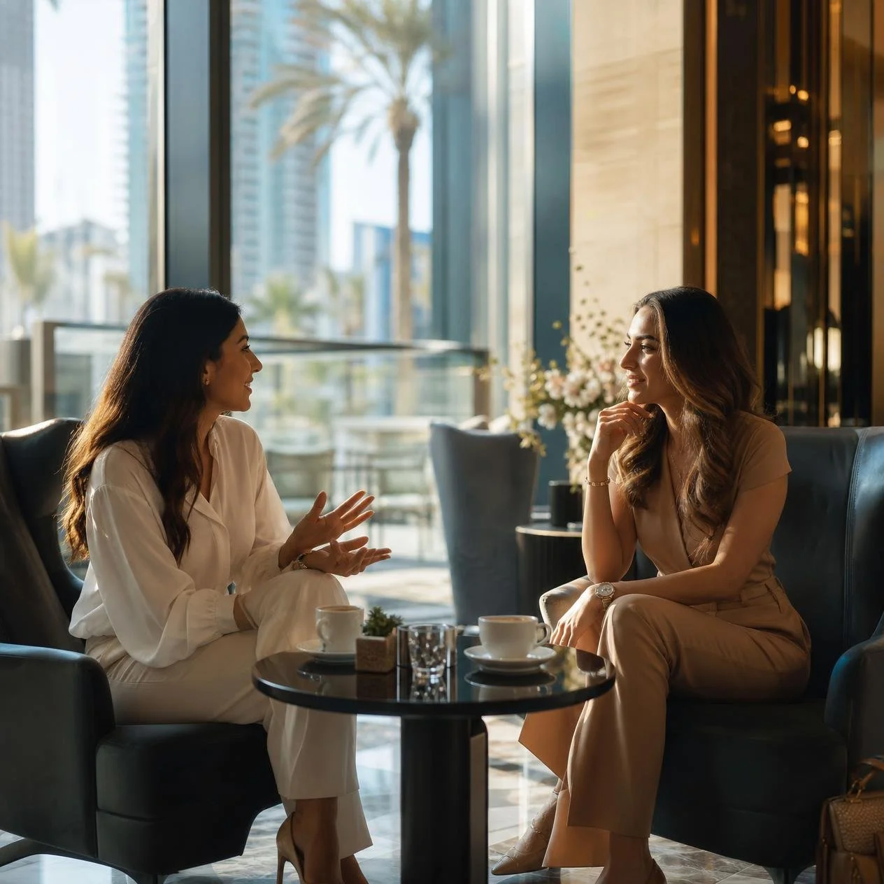 Two women in conversation at a bright lounge in Dubai.