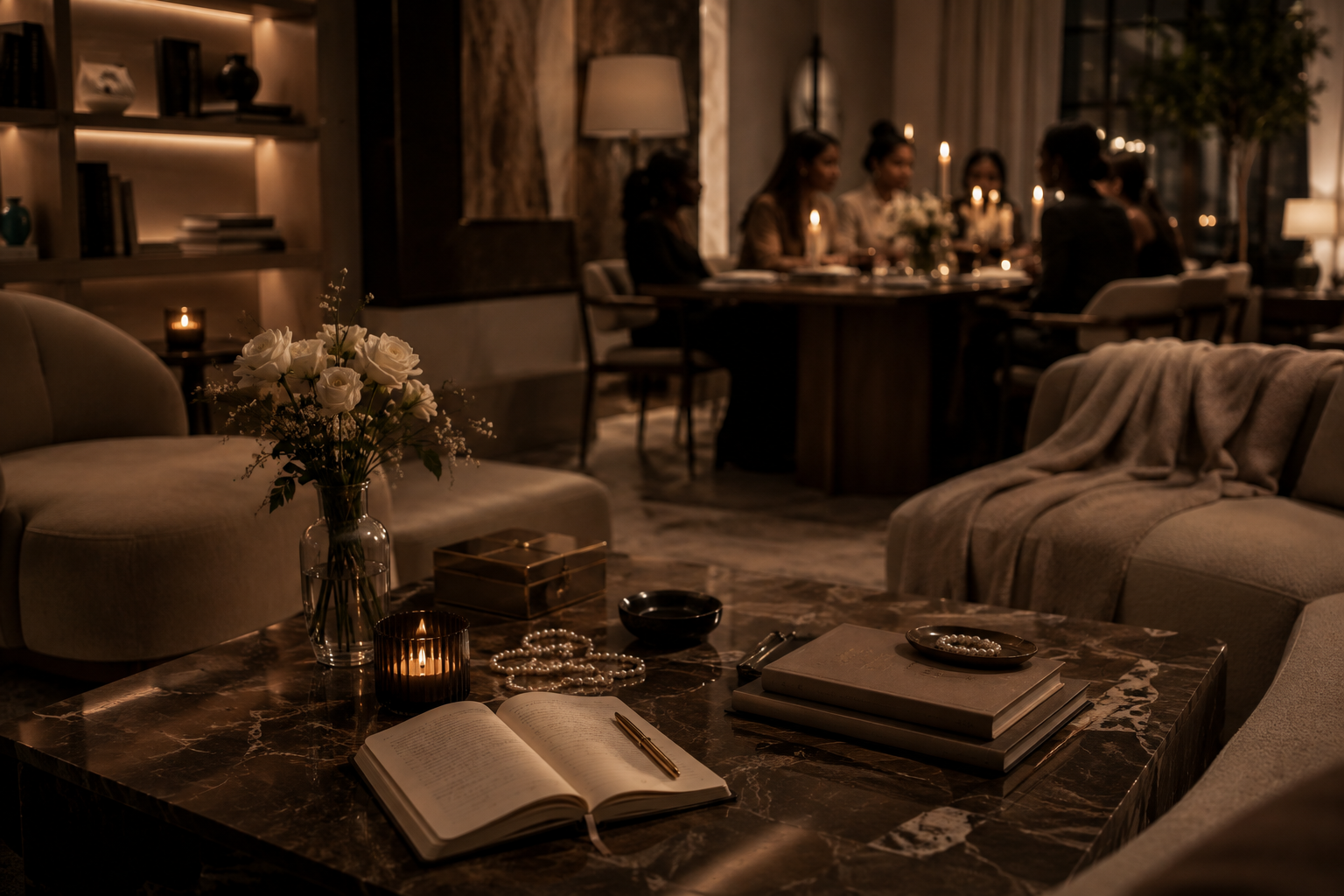 A cozy, elegant living room with a coffee table decorated with a vase of white roses, candles, a pearl necklace, books, and a notebook with a gold pen. In the background, a dining area with people sitting around a table with lit candles.
