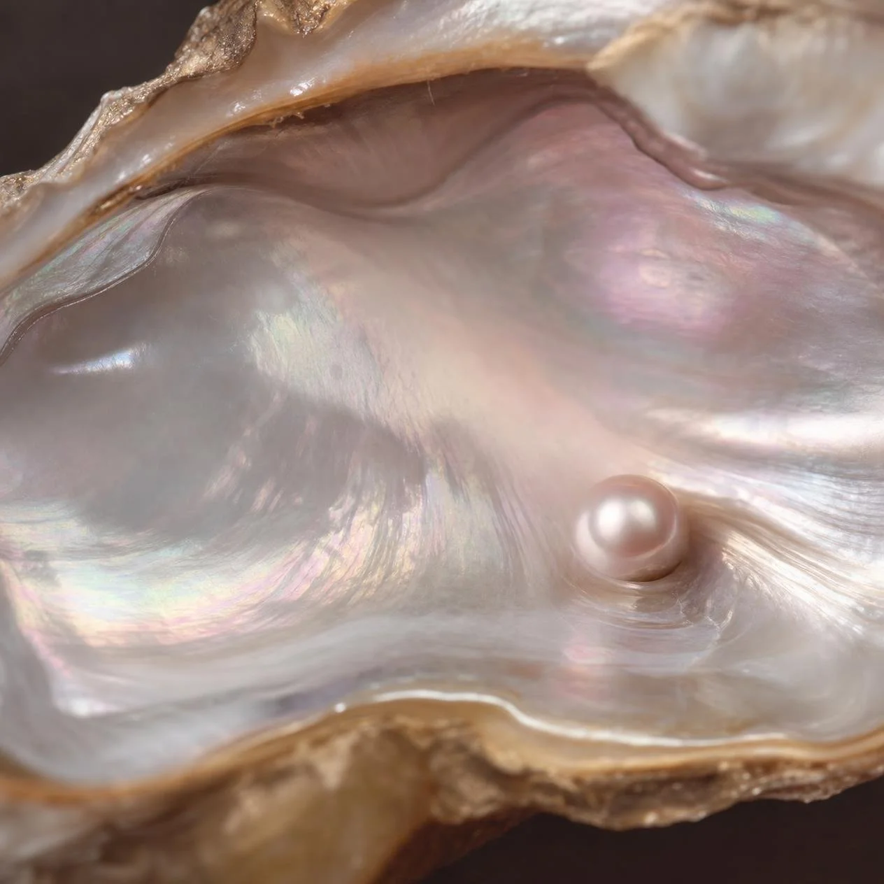 Close-up of a pearl forming inside an iridescent oyster shell.