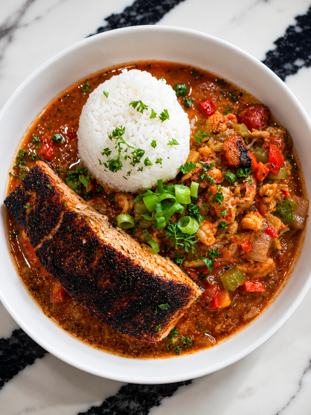 A bowl of cooked salmon with a crispy, seasoned skin, served with a side of rice and a vegetable medley in tomato sauce, garnished with chopped green onions and parsley.