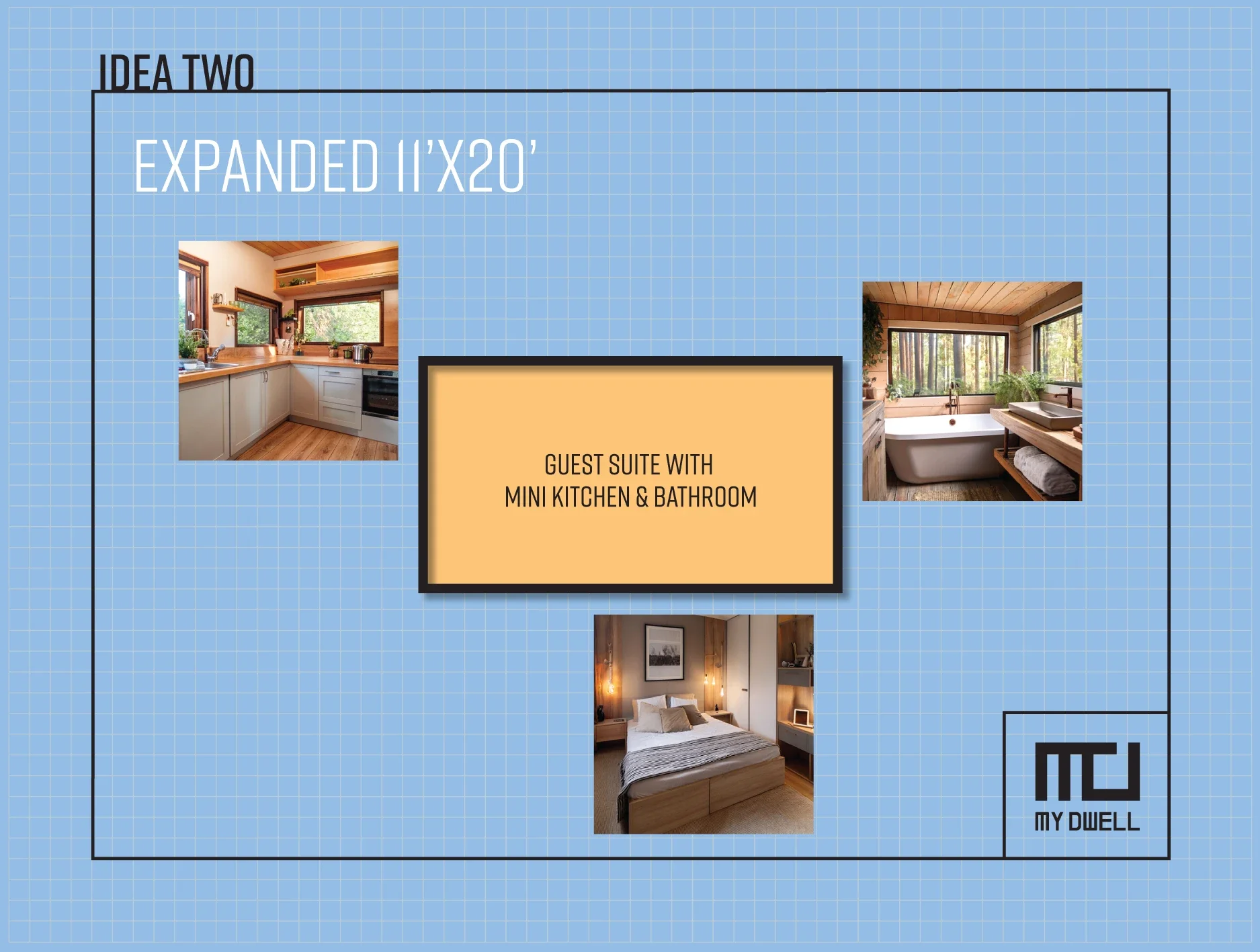 Design idea for an affordable ADU dwelling that can be a guest suite with a mini kitchen and bathroom.